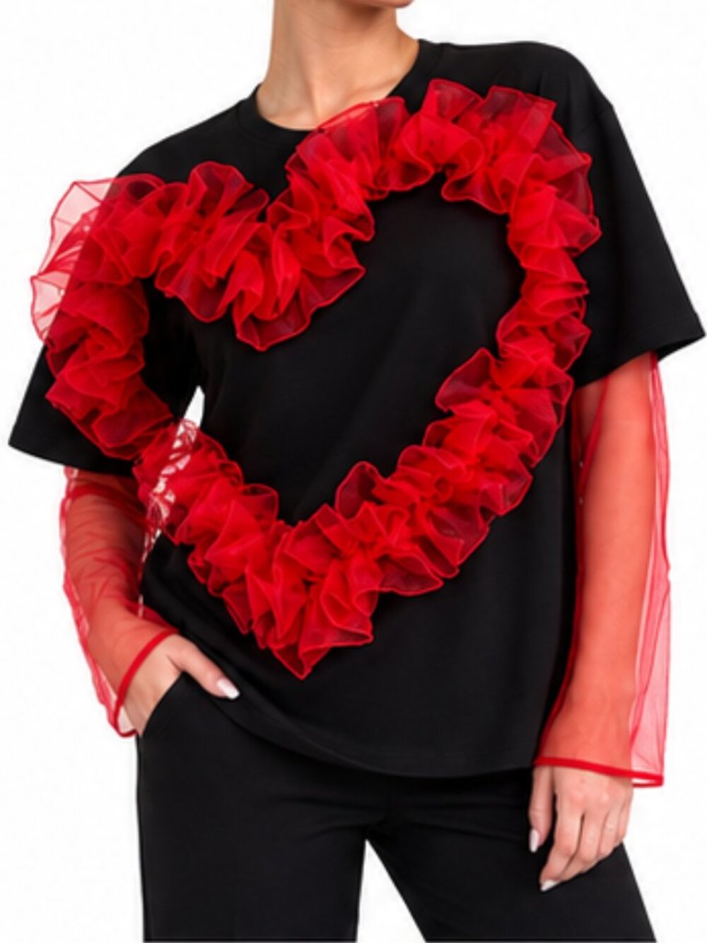 Heart Ruffle Red Attaché Tee Solid Black